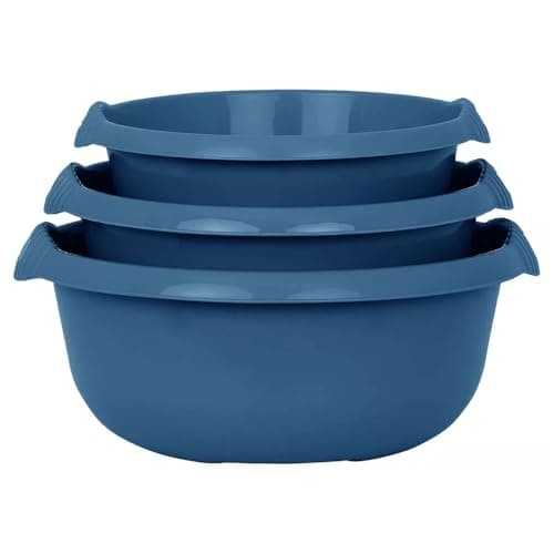 Image of eMKay® Set of 3 Round Washing Up Bowls – NAVY BLUE | 28cm, 32cm & 36cm Plastic Sink Bowls | 5L, 7L & 10L Capacity | Durable Gloss Finish with Handles | Multipurpose Kitchen Utility Basin Set
