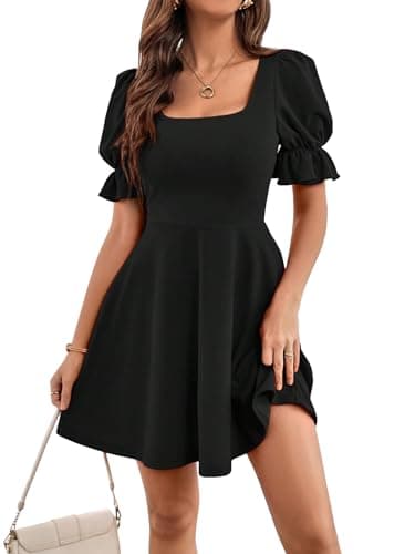 Image of GORGLITTER Women's Square Neck A Line Mini Dress Puff Short Sleeve Plain Elegant Casual Skater Dresses Plain Black X-Small