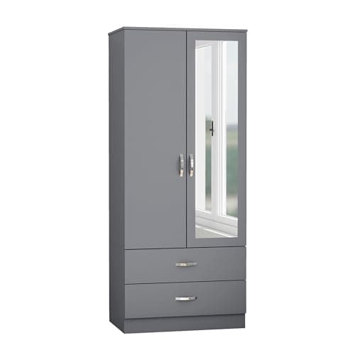 Image of Nera 2 Door Wardrobe with Drawers and Hanging Rail Slim Wardrobes for Small Bedrooms Storage (With Mirror Matt Grey)