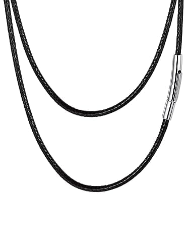 Image of FaithHeart Mens Necklace Black Leather Rope Cord 2mm Womens Black Choker Short Necklaces 16inches Waterproof Jewellery