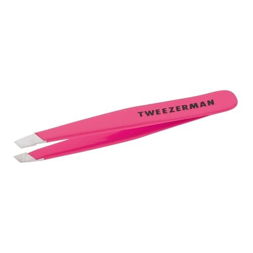 Image of Tweezerman Neon Pink Mini Slant Tweezer, Professional Stainless Steel Precision Tweezers for Facial Hair and Eyebrows, with Travel Case, (Pack of 1)