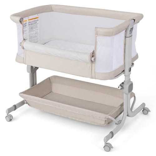 Image of COSTWAY Baby Bedside Crib, 6-Level Heights Adjustable Bassinet with Mattress, Storage Shelf, Lockable Wheels, Carry Bag, Newborn Bedside Sleeper for Birth to 9kg (Beige)