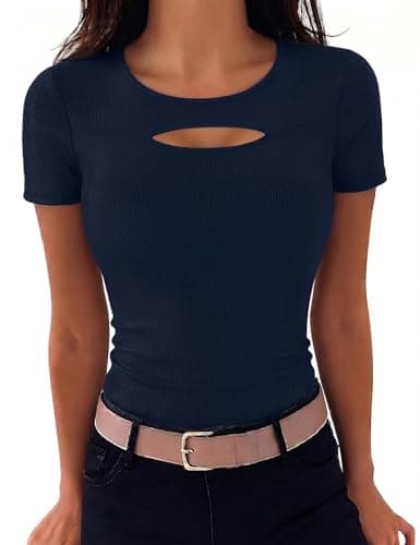 Image of Aottori T Shirts for Women Crew Neck Summer Tops Short Sleeve Cut Out Basic Tee Shirt Ribbed Slim Fit Stretchy Plain Casual Top UK Navy L