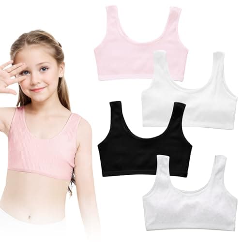 Image of wlertcop 4PCS Girls Bra - Soft Cotton Training Bras - Crop Tops for Girls Age 7-12, Cotton Training Teen Bras, Unpadded Wireless Girls Sports Bra for Girls 7-12 Years