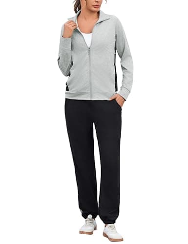 Image of Uniexcosm Tracksuit Womens Full Set Zip Up Sweatshirt and Sweatpants 2 Piece Ladies Lounge Sets Long Sleeve Winter Jogging Sets Coat Trousers with Pockets for Leisure Gym Workout Light Grey