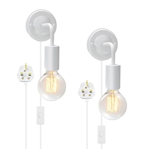 Image of LAKONEI E27 Industrial Plug in Wall Lights 2Pcs White, Metal Vintage Wall Sconce with Curved Arm, Switch and UK Plug 180cm Cable, Modern Indoor Lighting for Bedroom Living Room (No Bulb)