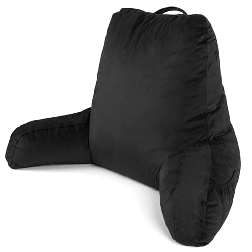 Image of Dreamcatcher Black Reading Pillow, Large Shredded Memory Foam Cuddle Cushion with Backrest with Arms, Ideal for Back Support, Bed, Reading or Gaming Cushion, 3x Pockets and Washable Velvet Cover