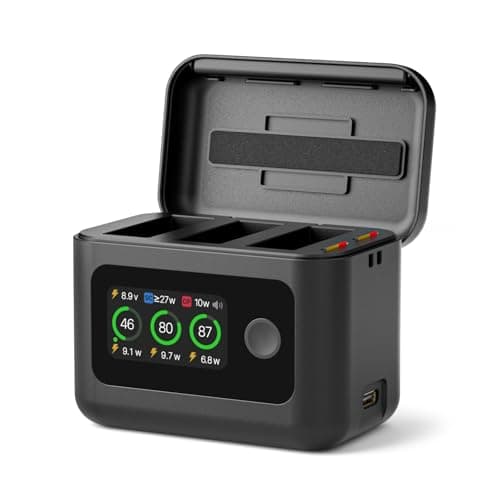 Image of SYMIK Battery Charger for DJI Osmo 360 / Action 6 / Action 5 Pro/Action 4/3, 27W Triple Slots PD Fast Charging Case, Intelligent LCD Two Way Charger Hub for DJI OSMO Battery, Shows Battery SOC
