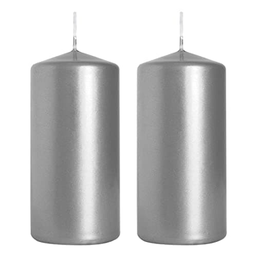 Image of Pillar Candles, Pack of 2, Unscented, Long Burning Time, 10 x 5 cm / 4 x 2 in (Silver, Metallic)