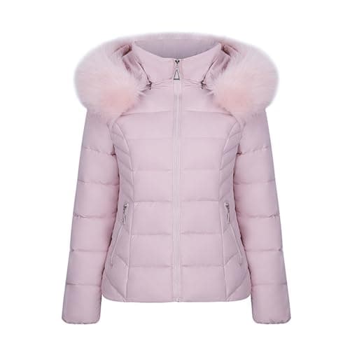 Image of duxyoz Pink Winter Coats For Women Uk Hooded Warm Quilted Lightweight Puffer Jacket Thicken Cotton Jacket With Faux Fur Hood Casual Fitted Overcome Outdoor Parka Coat Ladies Padded Down Jackets