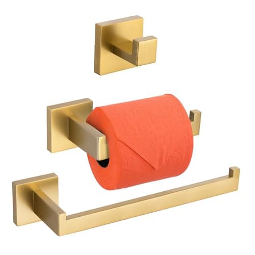 Image of Turs 3 Pieces Bathroom Accessory Set SUS 304 Stainless Steel Toilet Paper Holder Towel Bar Robe Hook Wall Mount, Brushed Gold, Q7010GD