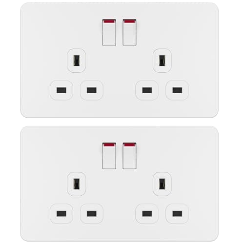 Image of LIDER 2-Gang Switched 13A Socket, Double-Pole Plug Socket with Control Switches, Child-Proof Shutter, Screwless Plastic Plate Cover, UKCA Certified, Thermoplastic, Glossy Finish, White, 2 Pack