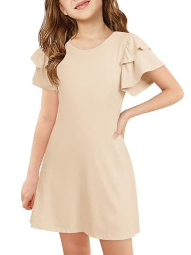 Image of Haloumoning Girls' Dress Ruffle Sleeves Round Neck Summer Dress A-line Plain Casual Elegant Party Dress Birthday Wedding Festive Dresses Apricot 9-10years