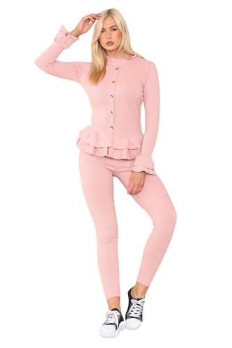 Image of FAOZO® Women’s Ribbed Peplum Frill Gold Button Top and Legging Loungewear Suit, Ladies 2 PCS Activewear Yoga Tracksuit Set (Pink, 8-14)