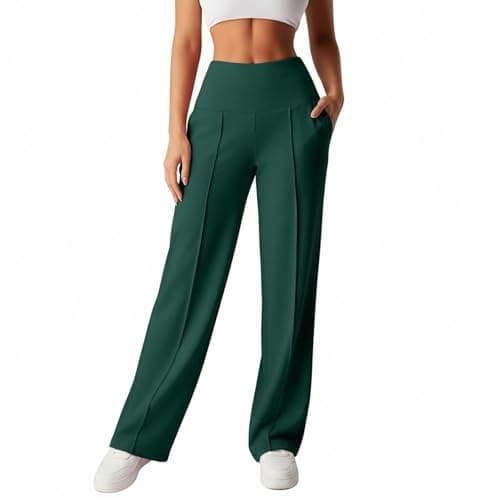 Image of KUIH Yoga Pants for Women with Pockets Tummy Control Wide Leg Trousers Ladies High Waisted Yoga Trousers Baggy Stretchy Work Dress Casual Long Pants Gym Workout Daily Wear Green