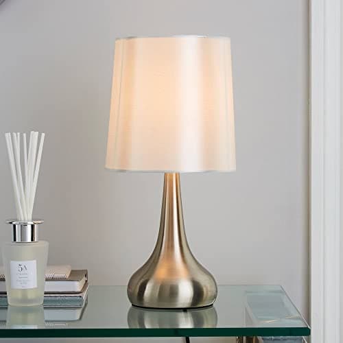 Image of Bloomingtons Direct Chrome Teardrop Touch Bed Side Table Lamps with Warm Light with Silver Fabric Shade for Bedroom Touch Light