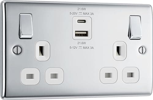 Image of BG Electrical 22W Double Switched Wall Plug Socket with Fast Charge Type A & C USB Charging Ports, Nexus Metal, Polished Chrome, Black Inserts, 13A, NPC22UAC22B