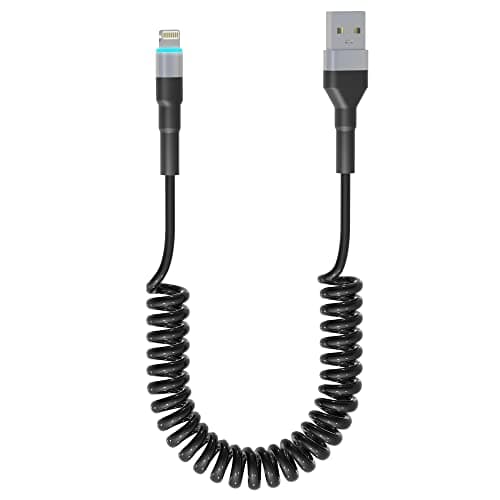 Image of Coiled Lightning Cable Apple Carplay Compatible [Apple MFi Certified] Short USB to Lightning Cable Carplay with Data Sync and LED, Retractable Coiled iphone Charging Cable for iPhone/Pad/Pod