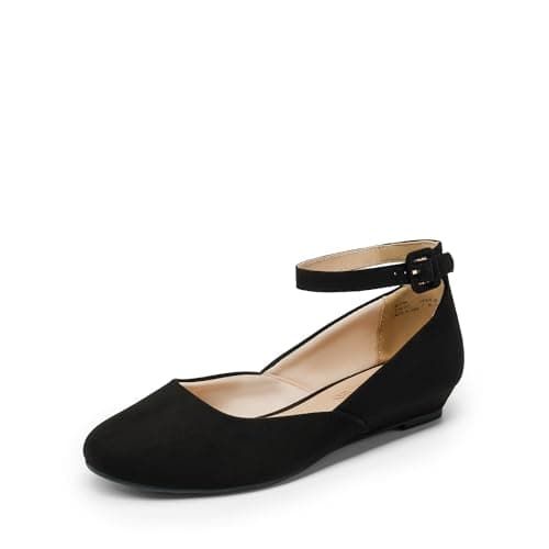 Image of DREAM PAIRS Women's Ballet Flats Pumps Ballerina Ankle Strap Elastic Low Wedge Sandals Round Toe Comfy Dolly Shoes,Size 7,Black/Suede,REVONA