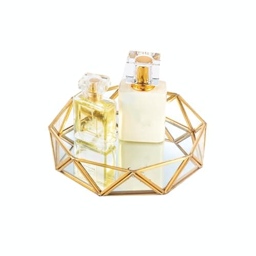 Image of Feyarl Small Gold Mirrored Tray Ornate Cosmetic Tray Makeup Jewelry Organizer Vanity Glass Trays Perfume Display Dresser Tabletop Decorative Trays (7 Inch/18cm)