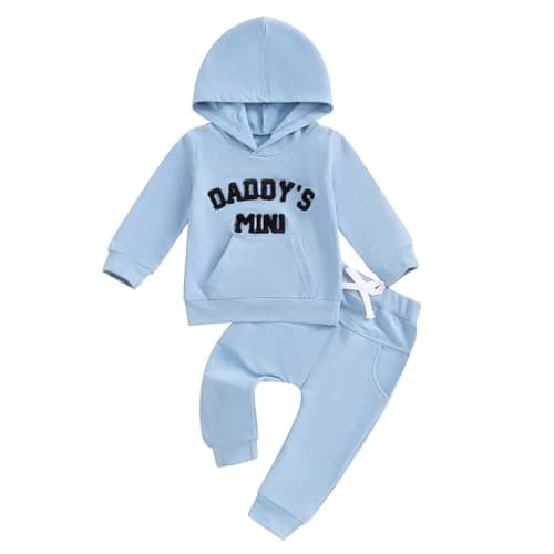 Image of JiAmy Toddler Baby Boys Clothes 2Pcs Daddy's Mini Print Long Sleeve Hoodie Sweatshirt Pants Set Newborn Tracksuit Clothing Outfit for Blue 6-12 months