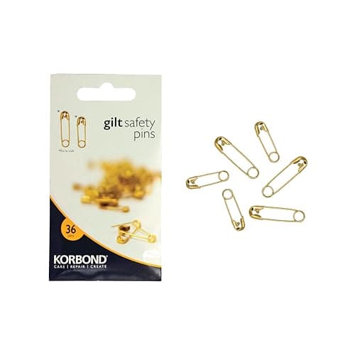 Image of Korbond Gilt/Gold Safety Pins - 36 Pieces Assorted Sizes; 16mm & 22mm. Ideal for Delicate Fabrics, Discreet Pinning, Fastening, Securing Clothing, Crafting, Sewing, Pinning, Saree, Sari