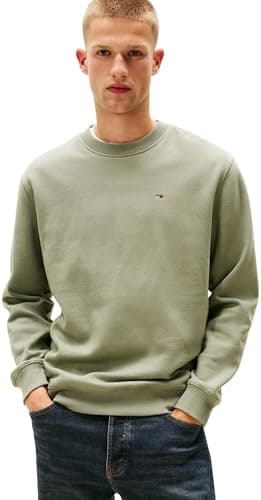 Image of Tommy Jeans Men’s Round Neck Regular Fit Flag Fleece Sweatshirt, Green (Utility Sage), XS