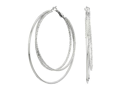 Image of Guess Smooth and Textured Wire Silver Hoop Earrings, One Size, Silver, glass stone