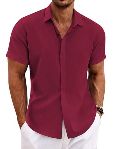 Image of COOFANDY Mens Short Sleeve Linen Summer Casual Regular Fit Shirts for Men Wine red L
