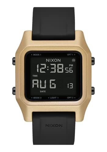 Image of NIXON Staple A1309-100m Water Resistant Men's Digital Sport Watch (38mm Face, 22mm PU/Rubber/Silicone Band) - Black/Gold - Made with #Tide Recycled Ocean Plastics