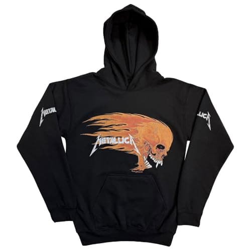 Image of Rock Off officially licensed products Metallica Worn Pushead Flaming Skull Pullover Hoodie, Black, Large