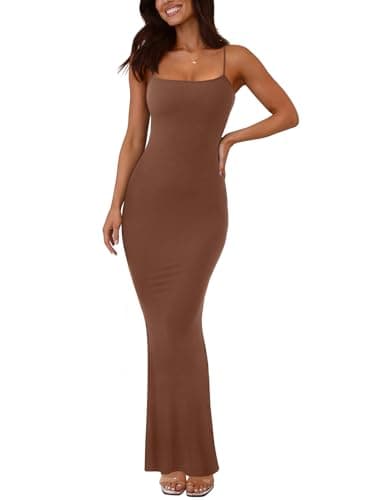 Image of REORIA Women's Sexy Casual Lounge Slip Long Dress Elegant Wedding Guest Sleeveless Backless Ribbed Bodycon Maxi Dresses Coffee Large