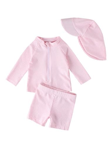 Image of JiAmy Baby Girls Swimming Costume with Sun Hat 3PCS Long Sleeve Zip Up Rash Guard Shirt Swim Truck Infant Toddler Baby Swimsuit Pink 1-2 Years