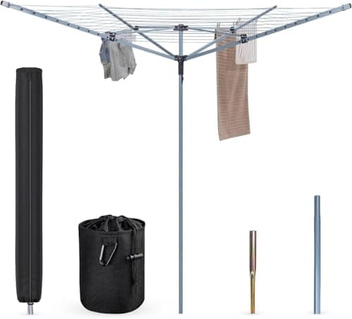 Image of Heavy Duty Rotary Washing Line Outdoor, 4 Arm 60M Washing Line Rotary with Peg Bag, Metal Ground Spike, and Cover Included, Rotary Clothes Lines for Outside, Whirlygig Clothes Airer Outdoor (60 M)