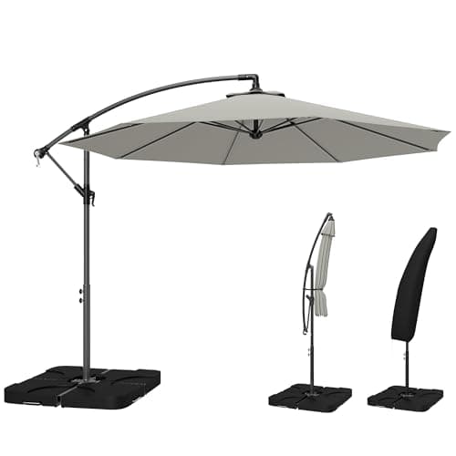 Image of Outsunny 3(m) Garden Banana Parasol Cantilever Umbrella with Crank Handle, Cross Base, Weights and Cover for Outdoor, Hanging Sun Shade, Light Grey