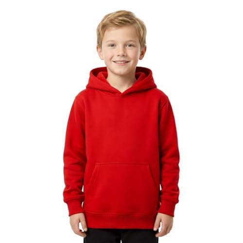 Image of KHIM Kids Plain Fleece Hoodie, Boys and Girls Pullover Sweatshirt with Kangaroo Pocket, Brushed Inner Fleece Casual Jumper Hoody, 5-6 Years, Red