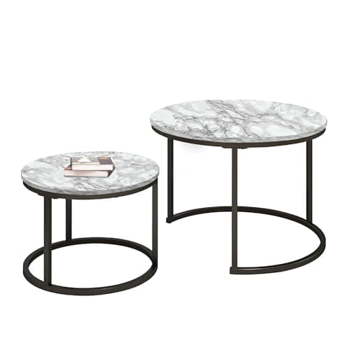 Image of SG Traders Round Nesting Coffee Table Set - Wooden Nest of Tables, Stackable Round Coffee Table for Living Room, Industrial, Stylish Nested Tables - Set of 2 (White Marble Effect)