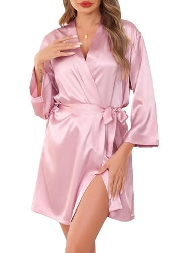 Image of Sopesil Women's Satin Dressing Gowns Shorts Ladies Kimono Morning Robes Bridal Soft Wedding Party Sleepwear V-Neck, Pink, S