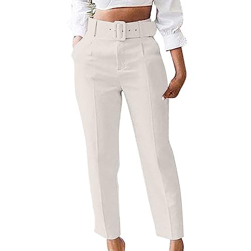 Image of Keepink Work Trousers for Women UK Ladies Office Smart Stretch Suit Pants with Belt Cigarette Straight Leg Tailored High Elasticated Waist Tapered Ankle Grazer Slim