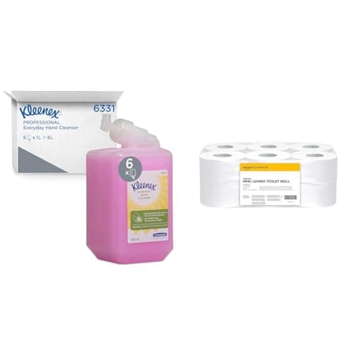 Image of Kleenex Everyday Use Hand Soap 6331 - Pink Hand Wash - 6 x 1 Litre Hand Wash Refills (6 Litre total) & AmazonCommercial 416647 2-Ply Mini Jumbo Toilet Roll, Unscented, White, 6684 count