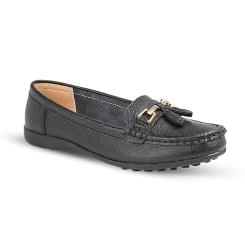 Image of Ladies Loafers Flats Wide Leather Tassle Cushioned Casual Slip On Womens Nautical Boat Comfort Shoes (Black, UK Footwear Size System, Adult, Women, Numeric, Wide, 6)