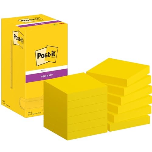Image of Post-it Super Sticky Notes, 1080 Sheets, Value Pack of 12 Pads, 76 mm x 76 mm - Holds Strong to Many Surfaces - Yellow - for Walls, Monitors and Fridge, Recycable