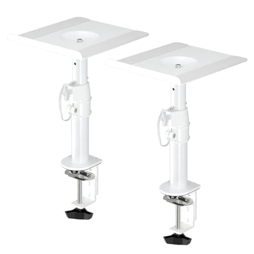 Image of suptek Clamp-on Speaker Stand Desk Mount Set, 9.6 x 8.8 inch Trays, Height Adjustment and Tilt, Universal Audio Holders for Computer and Bookshelf Speakers, Elevated Sound, 2 Pack, White, SDM001W