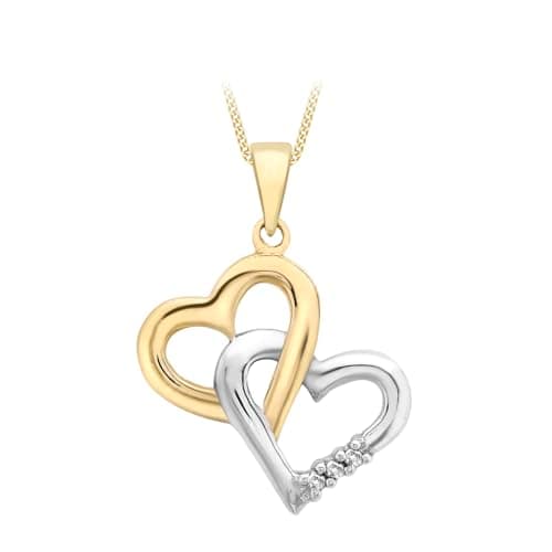 Image of CARISSIMA Women's 9ct 2 Colour Gold Diamond Double Heart Pendant on Adjustable Chain Necklace of 46cm/18