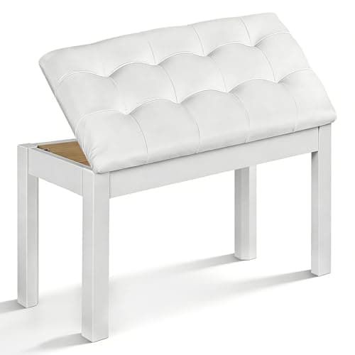 Image of SUNDOY Piano Bench Keyboard Stool, Solid Wooden Digital Piano Seat with Padded Cushion and Large Storage Compartment (White)