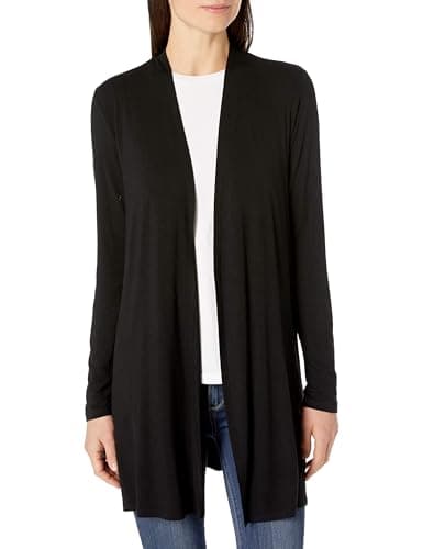 Image of Amazon Essentials Women's Relaxed Fit Long-Line Soft Stretch Jersey Knit Open-Front Cardigan, Black, XS