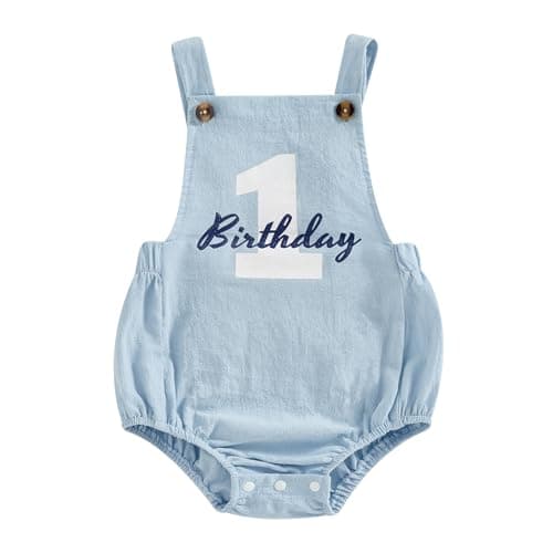 Image of Qianderer Baby Boys Girls 1st Birthday Romper Baby First Birthday Outfit Boy Solid Color Jumpsuit Overalls Cake Smash Outfit (Blue, 12-18 Months)