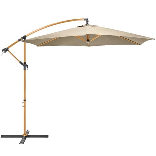 Image of CHRISTOW Banana Parasol 3m – Taupe, Steel Frame with Wood Effect Finish, Large Cantilever-Style Umbrella for Garden Patio, Overhanging Canopy, UPF30+ UV Protection, Crank Handle & Locking Lever