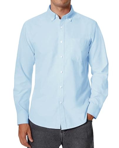 Image of siliteelon Men's Oxford Shirt Long Sleeve Smart Casual Plain Regular Fit Button Down Shirts with Pocket Sky Blue L