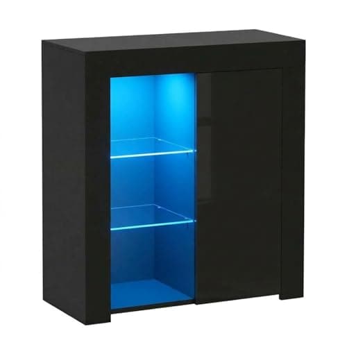 Image of Panana Sideboard Storage Cupboard High Gloss Front Cabinet RGB Multicolor LED Lighting with Doors and Shelves Living Room Furniture (Black)